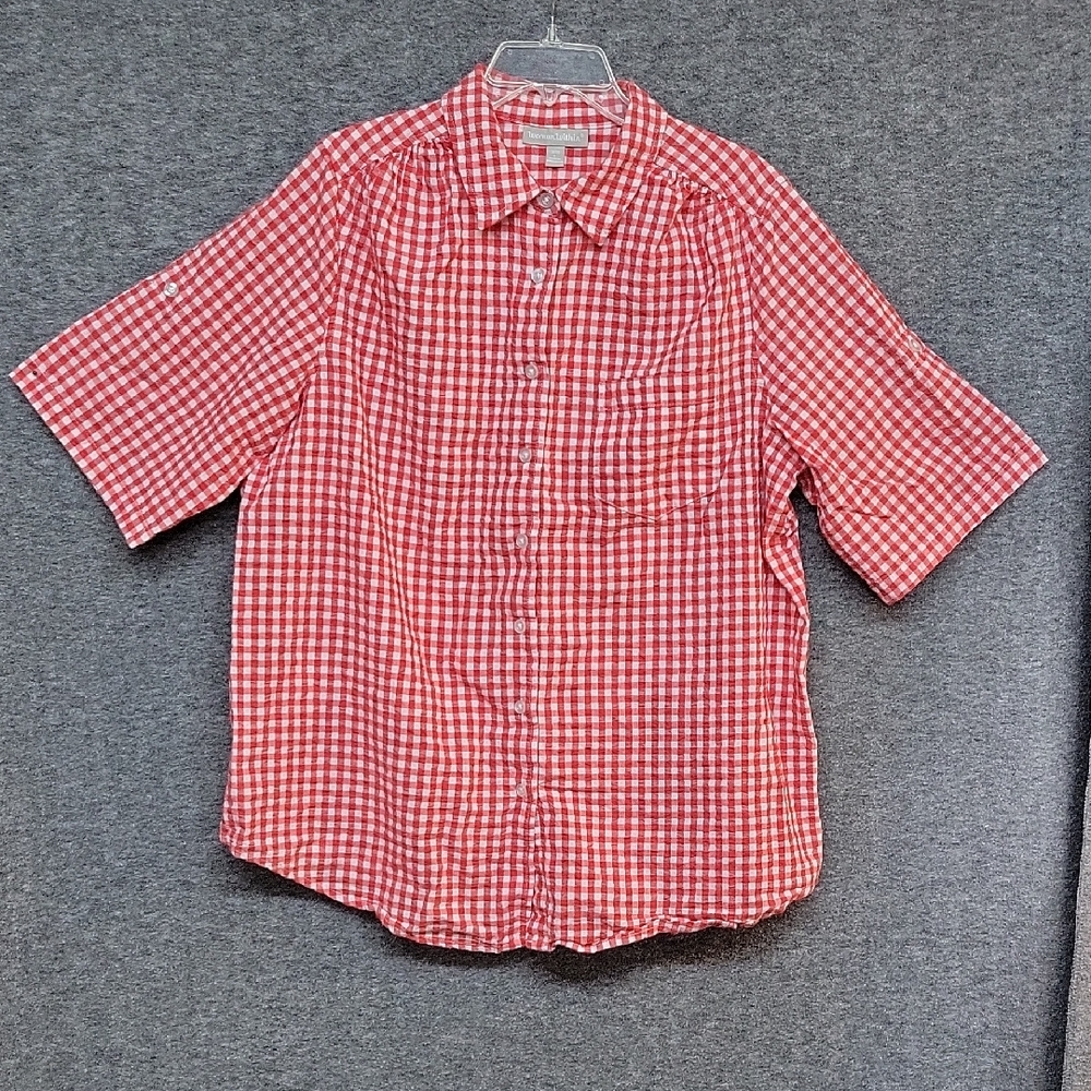 Woman Within Roll Tab Short Sleeve Gingham Top Womans Size 18/20 Large